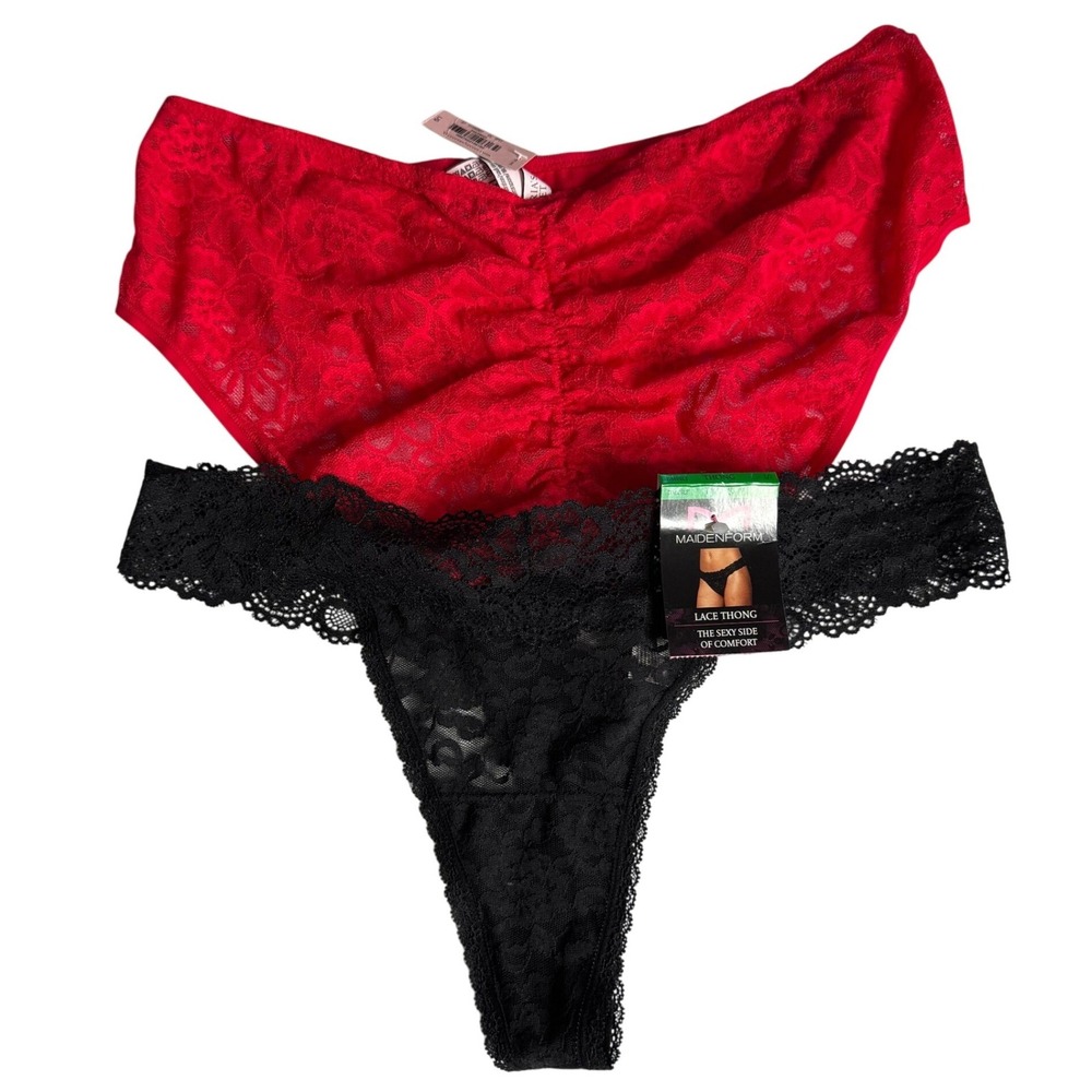 Victoria's Secret Red Hiphugger & Maidenform Black Lace Thong Panty Large NEW
